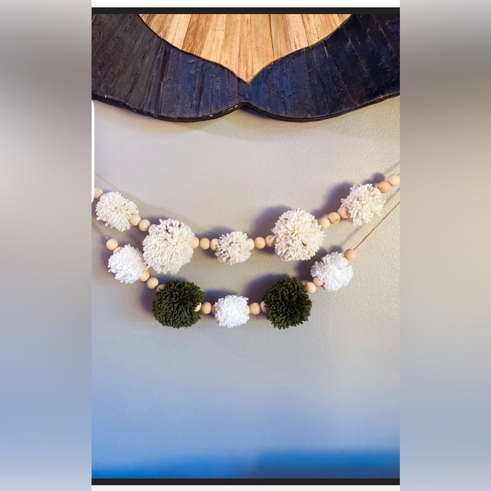 Cream or Green Pom Pom Garland - Pom Pom Garland w/ Wood Bead.